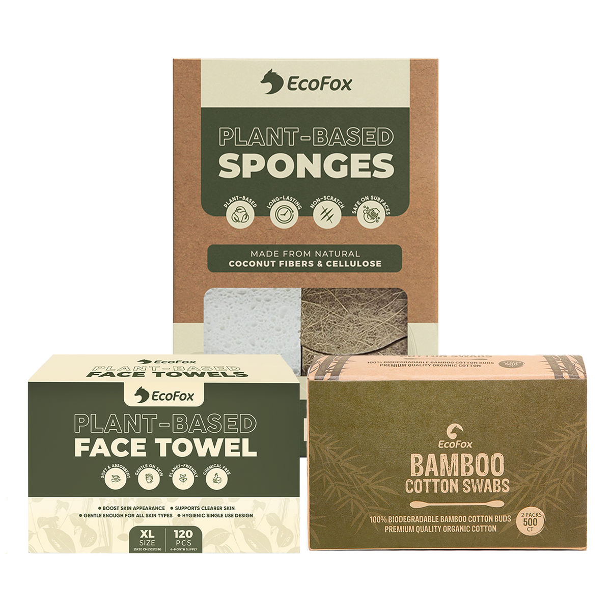 EcoFox Kitchen & Bathroom Reset bundle with bamboo cotton swabs, plant based face towels and kitchen sponges