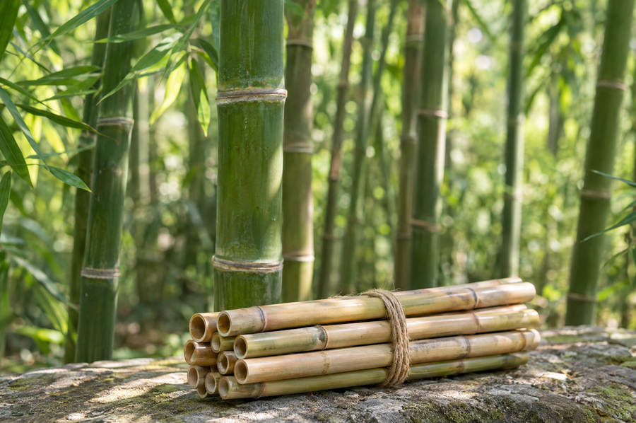 Green bamboo stalks with a bundle of natural bamboo sticks